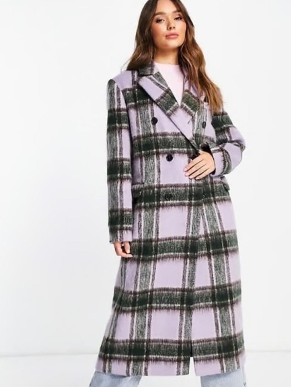 Topshop Lilac & Dark Green Plaid Double-Breasted Trench Coat Size 4